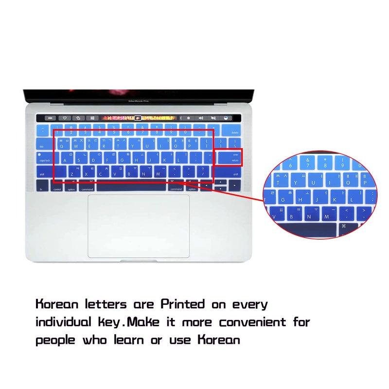 HRH Korean Language Silicone Keyboard Cover for MacBook Pro with Touch Bar 13 Inch and 15 Inch (A2159/A1989/A1706,A1990/A1707) 2019 2018 2016 2017 Release USA Version,Ombre Blue - Image 1